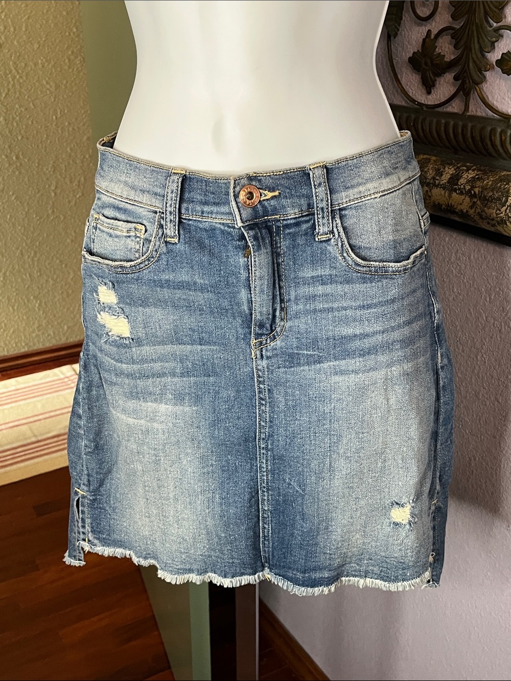 Sneak Peek Blue Distressed/ Torn Denim Mini Skirt Sz S